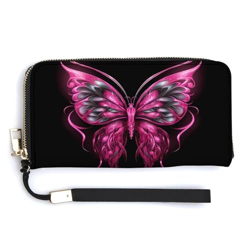 Psychedelic Butterfly Leather Wallet Fashion Bifold Purse Long Pouch with Wrist Strap for Men Women
