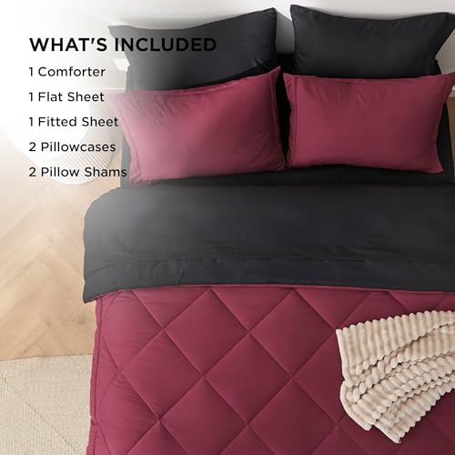 Image of Bedsure Queen Comforter Set - 7 Pieces Reversible Red and Black Bedding, Queen Size Bed Set for All Seasons, Bed in a Bag with Down Alternative Comforter, Sheets, Pillowcases & Shams