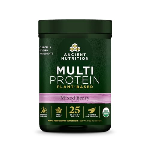 Ancient Nutrition Organic Multi Protein Plant Based Powder, 25g Protein, Hydrolyzed Pea Protein, Digestive Enzymes & Probiotics, Supports Muscle & Gut Health, Mixed Berry, 15 Servings
