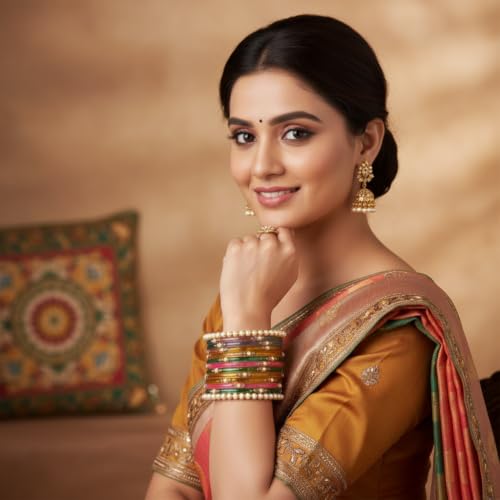 Image of SUNDRAM Women's Premium Fancy Glass Bangles for Women & Girls |with Zircon Gemstone Work & Charm| Traditional Ethnic Bangles Set of 12