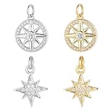 Lot de 4 pendentifs boussole en forme d'étoile du Nord - En laiton plaqué or 18 carats - En argent sterling 925 - Ronds - Style tibétain - Avec zircone - Huit pointues - Étoile du Nord - Strass pour la fabrication de bijoux artisanaux