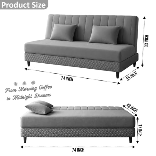 Image of Rosebell Modern 3 Seater Velvet Sofa Cum Bed with Cushion | Premium Upholstered Fabric | Tufted Backrest | Wooden Legs | Living Room Furniture | Grey