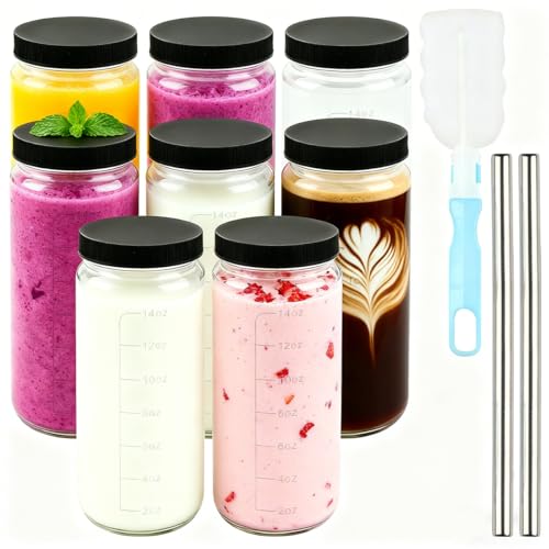 POUMUE 8 Botellas de Cristal de 500 ml Botellas de Zumo con Tapa Pajitas,16oz Botella Cristal Reutilizables para Rellenar, Botella Agua Cristals aptas para Lavavajillas y Frigorífico,para Exprimidores