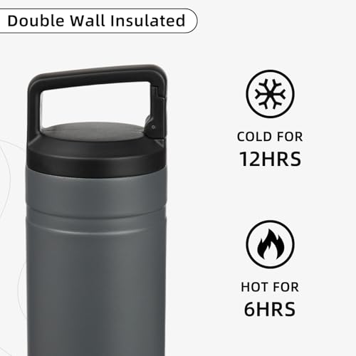 Image of BJPKPK 20 oz Insulated Travel Water Bottle, Coffee Tumbler Stainless Steel | Double Wall Vacuum, Leakproof, Thermal, Keeps Hot /Cold, BPA Free, Dishwasher Safe, Spill Proof, Wide Mouth, 2 Lids, Grey