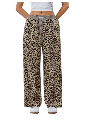 MakeMeChic Women's Leopard Print Wide Leg Pants Elastic Waist Button Front Y2K Trousers