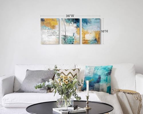 RAMEER Abstract Wall Art for Living Room Blue Yellow Painting Bathroom decor Wall Art Turquoise Pictures Canvas Art Teal Bedroom Wall Decor Office Artwork for Wall Home Decor