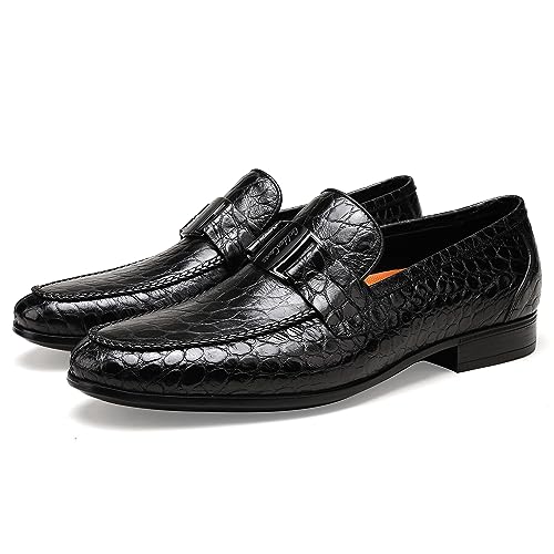 Image of Mens Leather Penny Loafers, Classic Crocodile Printed Business Dress Shoes with Metal Buckle Slip on Penny Shoes for Mens