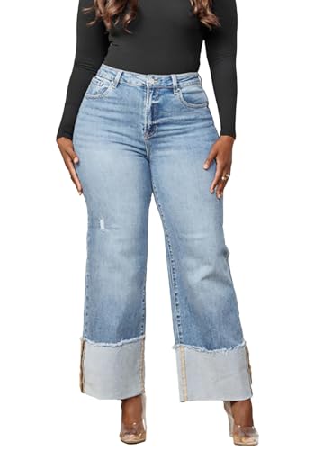 YOOTIKO Women's Stretch Cuffed Jeans High Waisted Wide Straight Leg Baggy Ripped Denim Pants