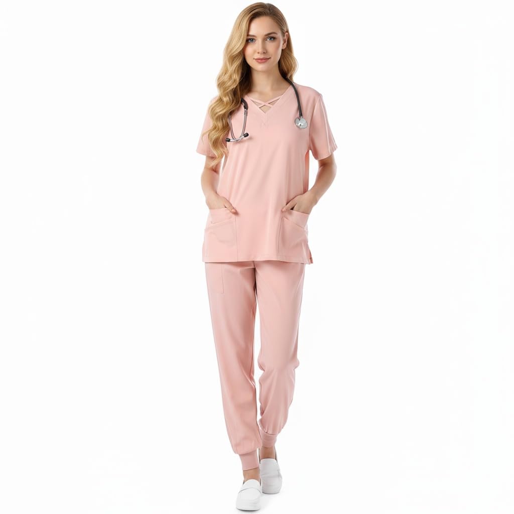 Conjunto de uniformes de enfermera para mujer Cuello redondo elástico Top Secado rápido Drawstring Yoga Jogging Pantalones Slim Fit Médico Ropa de trabajo DK53