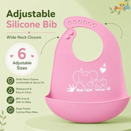 Image of BabyGo Silicone Baby Bib for Feeding & Weaning Infants & Toddlers |Waterproof, Washable & Reusable | Adjustable Neckline, Lightweight & Foldable Bib with Deep Food Catcher Pocket |Pink (Pack of 1)