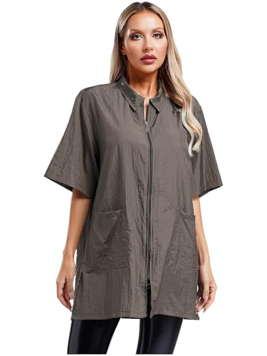 inhzoy Damen Kittel Berufskleidung Friseur Hundefriseur Kittel Schürze Kurzarm Mit Tasche Für SPA Salon Pet Shop Grau L