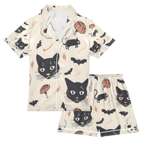 senya Cat and Skulls A Satin Summer Pajama Sets Silk Short Sleeve Button Down Sleepwear