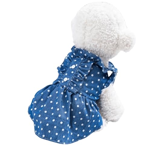 超可愛い! かわいい 犬服 小型犬用 女の子 デニム風 キャミソール フリル 水玉 ドット ワンピース 春 夏 春用 夏用 可愛い オシャレお散歩 かわいい (XS, 水玉)