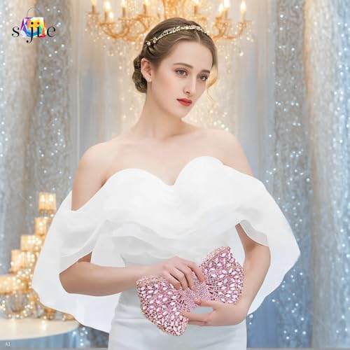 Image of Handmade Inlay Rhinestone Bow Clutch Bag for Women, Sparkling Evening Party Wedding Purse with Detachable Pearl Chain