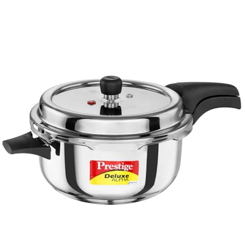 Prestige Deluxe Alpha Svachh Stainless Steel Pressure Cooker with Alpha Base and Deep Lid for Spillage Control, (Deep Pressure Pan 5L)