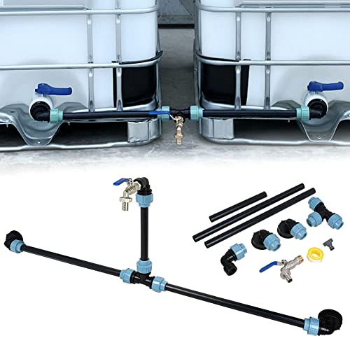 IBC anslutningsset utloppskran, IBC tank-kontakt, adapter, anslutningsset för 2 IBC-tankar, bredvid varandra, regnvattentank med 3/4 tum svanhals, kran, utlopp, regnslang, tillbehör