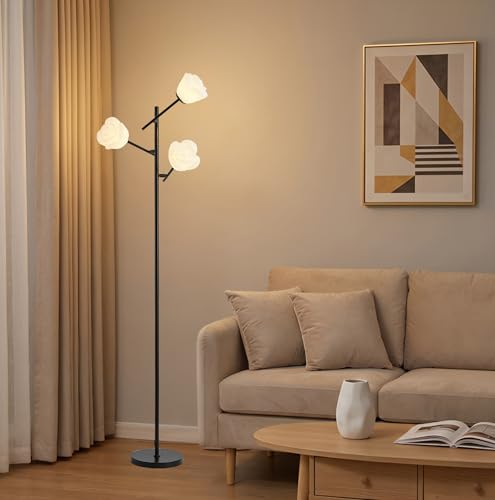 Image of Fiqevs Mid Century Modern Floor Lamp with 3 Adjustable Flower Shade - Floral LED Standing Light with Foot Switch & Light Bulb, Sputnik Tree Lamp for Living Rooms Bedrooms - Black