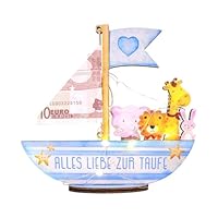 Taufe Geschenk, Geldgeschenk Taufe Mit Led Lichterkette, Taufgeschenke Für Jungen Und Mädchen, Holz Boot Mit Basis, Taufgeschenke Baby (Blau)