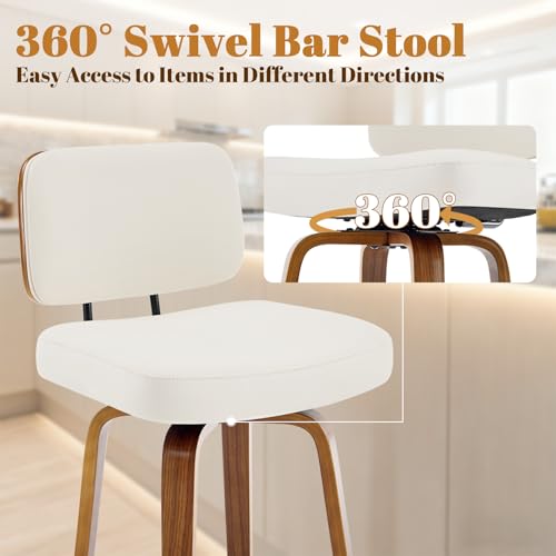Image of Counter Height Bar Stools Set of 1, 26+inch Swivel Faux Leather Barstool with Back, Upholstered Mid-Century Modern Bar Chairs with Bent Wood Legs for Kitchen Counter, Dining Room,White