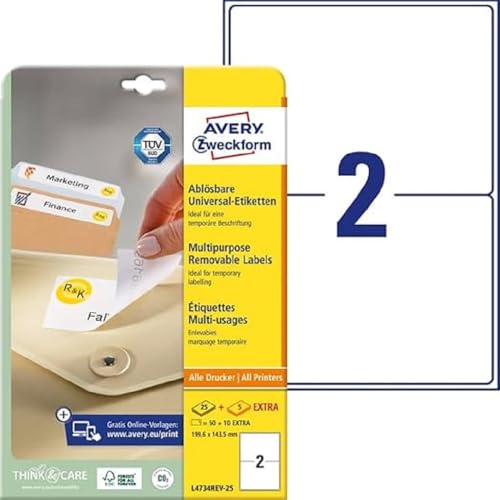 Étiquettes Avery amovibles 199.6x143.5 pour imprimante laser et jet d'encre