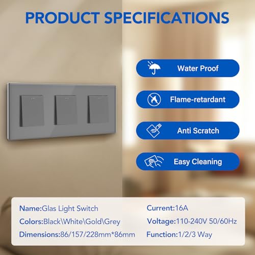 BSEED Lichtschalter Unterputz Schalter Physische Taste Schalter Tripel 1 Fach 1 Weg Glas Lichtschalter 10A Wandschalter Kristall Grau Kippschalter