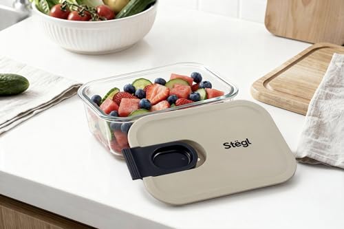 Image of STEGL Premium Glass Food Storage Container Kitchen Container with One-Handed Easy-Slide Unlock Lid | Airtight & Leak-Proof Meal Prep Box | Integrated Pull-Ring | Microwave & Dishwasher Safe
