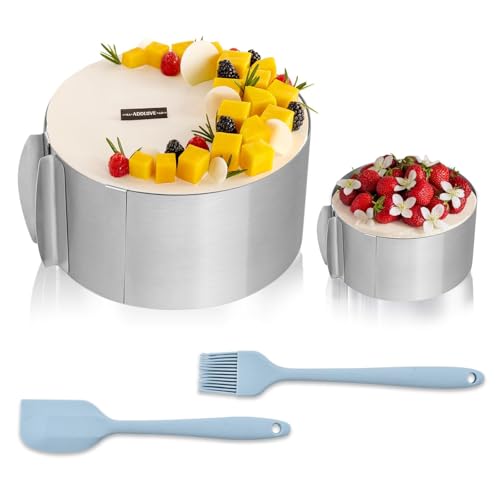 HTRTRR Aros de Tarta Ajustables 2 Piezas de Acero Inoxidable – Ø 16–30 cm, Alturas 6 cm & 8,5 cm, con Escala y Cierre – Incluye Espátula y Pincel de Silicona para Tartas, Mousses y Decoración
