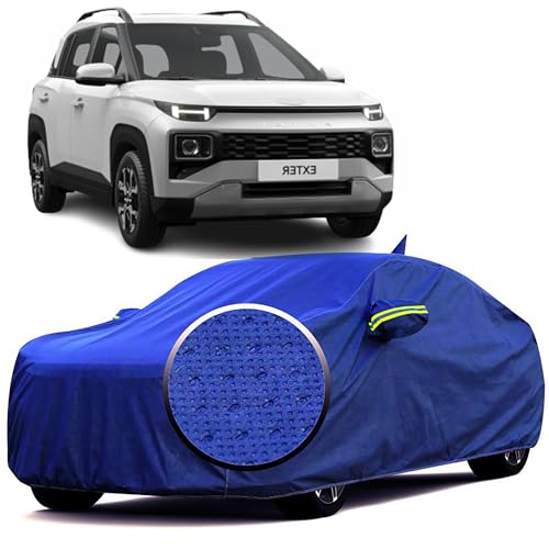 Image of 100% Waterproof 'BlueMax' Car Body Cover for Hyundai Exter with Mirror Pocket, Heat & UV Protection, Triple Stitched, Soft Lining, Full Bottom Elastic & Reflective Radium (Blue)