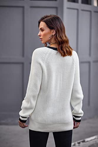 Zeagoo Women's Long Sleeve V Neck Knitwear Vintage Preppy England Style 90S E-Girl Autumn Winter Sweater Pullover Tops For Teen Girls Trendy White/Black #TOP4