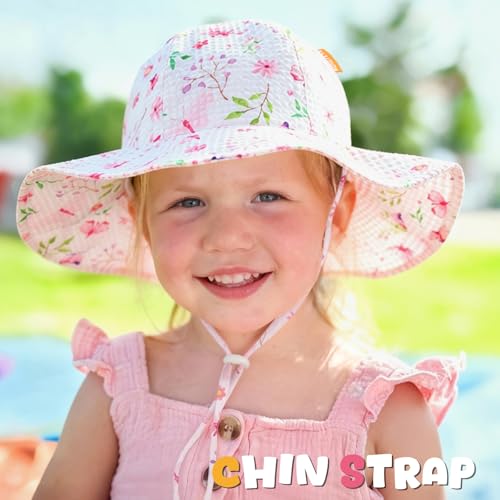 Image of HONGTEYA Baby Sun Hat Toddler Girl Beach Hat Sun Protection Adjustable Outdoor Summer Wide Brim Bucket Hat for Infant Kids