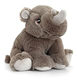 Das flauschige Plüsch Fell des Stoffrhinozerosses ist dunkel grau. Auch zwei kleine, weiche Hörnchen in Grau trägt unser stolzes Kuschelnashorn.