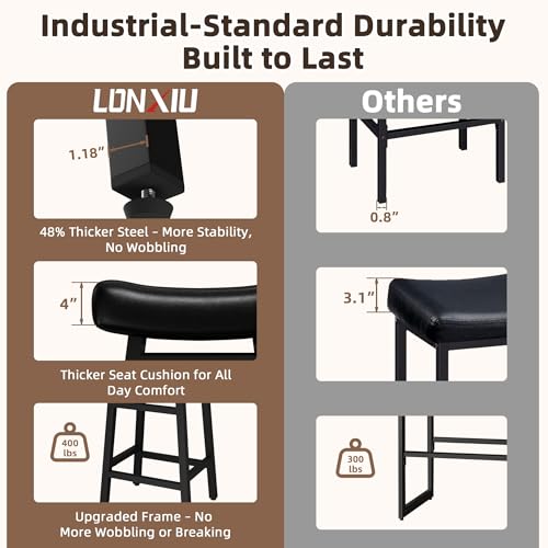 Counter Height Bar Stools Set of 2, 24 Inch Backless BarStools for Kitchen Island Leather Saddle Bar Chairs Kitchen Stools with 4" Thick Seats & Heavy Duty Metal Base, Black by LONXIU - Image 3