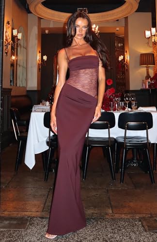 Image of Women's Lace Splicing Cutout Maxi Dress Square Neck Sleeveless Bodycon Long Dress with Sheer Corset