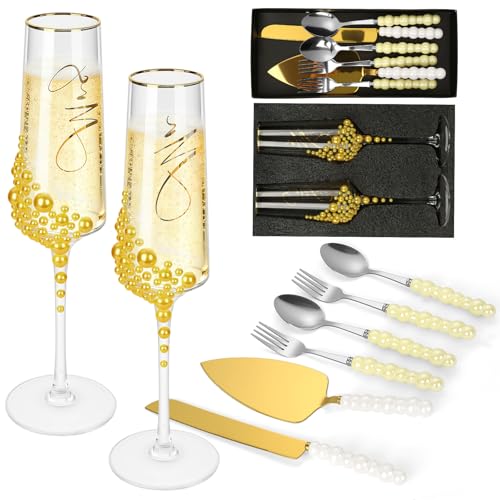 8 PCS Wedding Cake Knife and Champagne Flutes Server Set, Mr and Mrs Champagne Flutes with 2 Forks and Spoons, Bride and Groom Champagne Glasses for Wedding, Engaggement and Bridal Shower Gifts