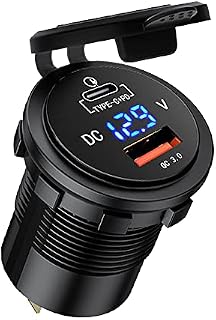 GemCoo PD Type C Car USB Socket QC 3.0 36W 12V/24V Car Power Outlet Waterproof Dual USB Fast Charger Socket with LED Voltmeter for Marine, Boat, Motorcycle, RV, ATV, Truck (Orange)