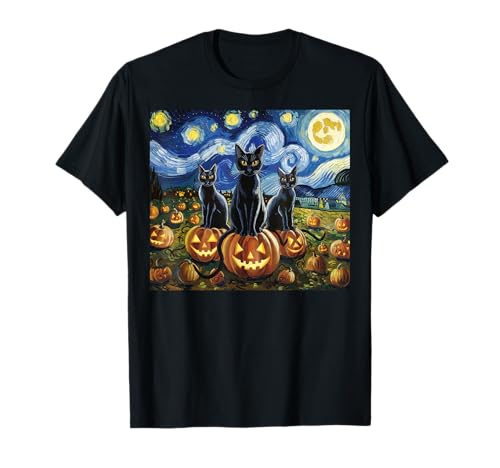 Black Cat Halloween Cat Lovers Starry Night Cat Van Gogh Cat Camiseta