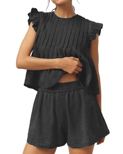 Xfileen Women's 2 Piece Denim Sets Ruffled Sleeve Pleated Tops