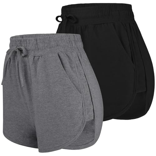 URATOT 2 Pack Cotton Yoga Short Women Summer Running Gym Sports Waistband Shorts with Pockets Black,Dark Grey by URATOT - Used condition - US$25.64