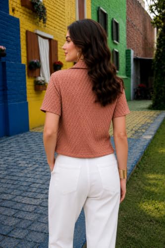 Image of Zilcon Women's Textured Polo Collar Shirt | Short Sleeve Button-Down Casual Crop Top | Soft Stretch Everyday Fashion Shirt