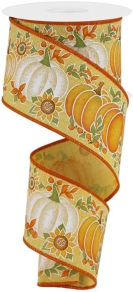 Pumpkins & Fall Sunflowers Wired Edge Ribbon - 2.5 x 10 Yards (Mustard, Yellow, Sage)