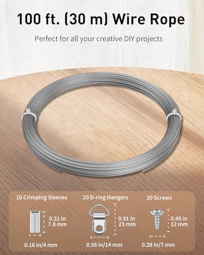 Image of Uniclife Picture Hanging Wire, 100 Feet 1 /32 inch Picture Wire Kit with D-Ring Hangers, Stainless Steel Rope for up to 110 lbs, Trellis Line Cable for Photo Frames and String Lights