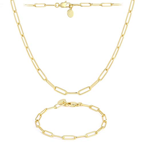 ALEXCRAFT Ensemble collier et bracelet en forme de trombone plaqué or 14 carats avec chaîne à maillons ovales, 24+7.5inch, Plaqué or Cover