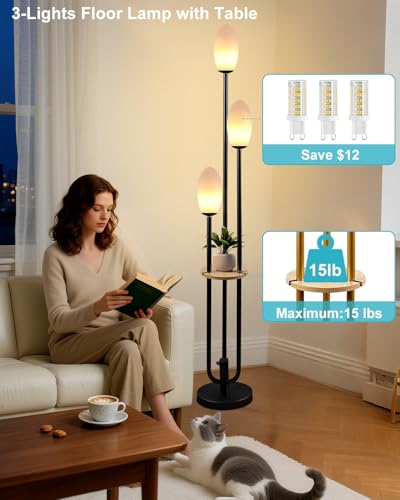 Image of Black Dimmable Floor Lamp with Table, Unique Tall Standing Lamps with 3000K G9 Bulbs for Reading, Mid Century Modern Floor Lamp with 5Lbs Heavy Base for Living Room Bedroom Office