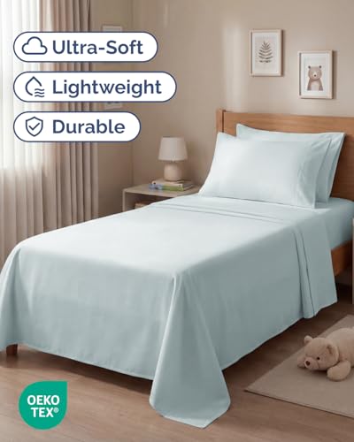 Image of Twin 4 Piece Bed Sheet Set - Comfy, Breathable & Cooling Sheets - Ice Blue | Ultra Soft Hotel Luxury Bedding Set with 8-16 Inch Deep Pockets, 1 Flat & 1 Fitted Sheet & 2 Pillowcases, Wrinkle & Fade Free