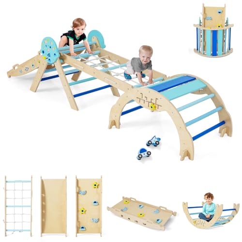 GOPLUS 9 en 1 Triangle Escalade Montesorri pour Enfants 1 Ans+, Parcours Montesorri Bebe Bois Pliable avec Arche, Rampe, Corde&Échelle, Pont, Aire de Jeux Intérieur (Astre|9 en 1,Bleu)