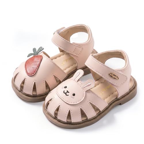 Image of TootyTots Infant Girls Sandals Closed Toe Toddler Summer Shoes, First Walkers Hook & Loop Non-Slip Beach Water Shoes, Breathable Microfibre Nursery Holiday Footwear with Cute Bunny & Carrot