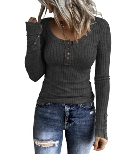 Image of KINLONSAIR Women's Long Sleeve Henley T Shirts Button Down Slim Fit Tops Scoop Neck Ribbed Knit Shirts