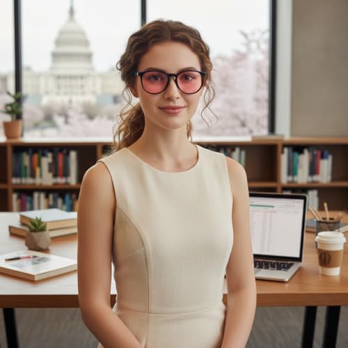 Image of Indoor Fluorescent-41 Pink & Outdoor Fluorescent-60 Brown Tinted Blue Light Blocking Glasses Round Migraine Light Sensitivity Computer Glasses Photophobia Fluorescent LED Glare Women AB3301