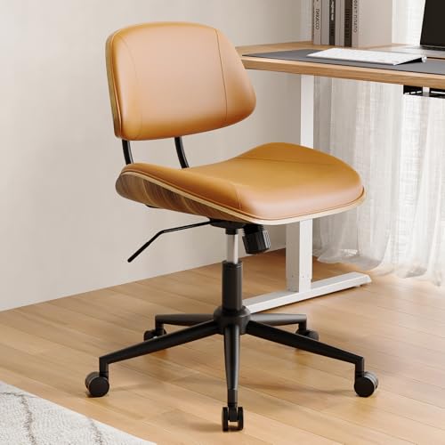 Image of Armless Office Chair with Wheels, PU Leather Adjustable Height Desk Chair - 360 Swivel Ergonomic Computer Chair for Small Space, Modern Walnut Style, Home & Meeting Room, Brown