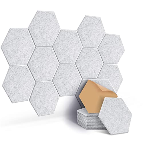 JAMELO Sound Proofing Panels Self-Adhesive Hexagon, 12 Pack Acoustic Wall Panels, High Density Acoustic Panels for Door, Ceiling, Wall, Recording Studios, 30 x 26 x 0.9cm Grey